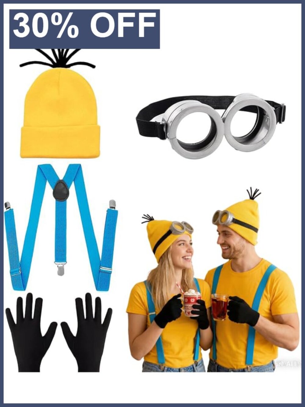 4pc Adult Halloween Costume Accessory Set Knit Hat Goggles Gloves Shoulder Strap
